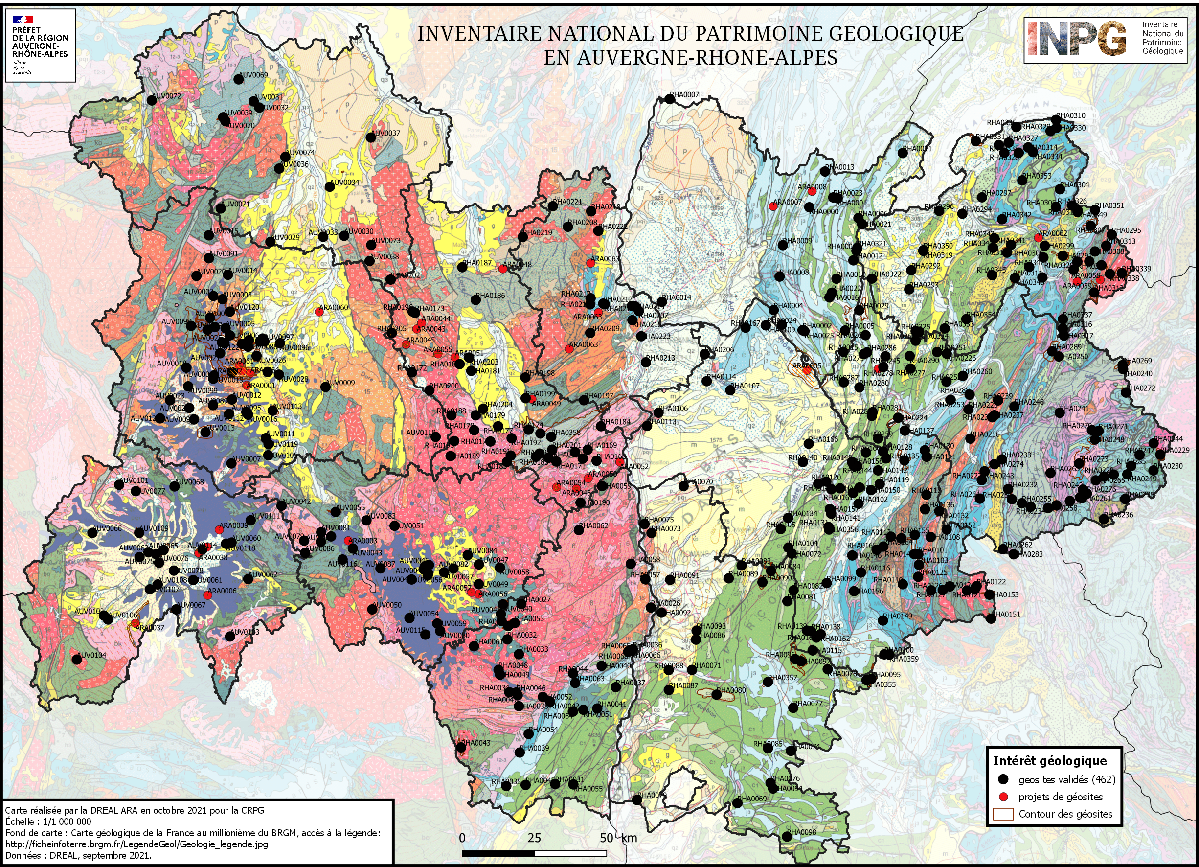 Nouveaux sites proposés - carte de l'inventaire du patrimoine géologiques AuRA