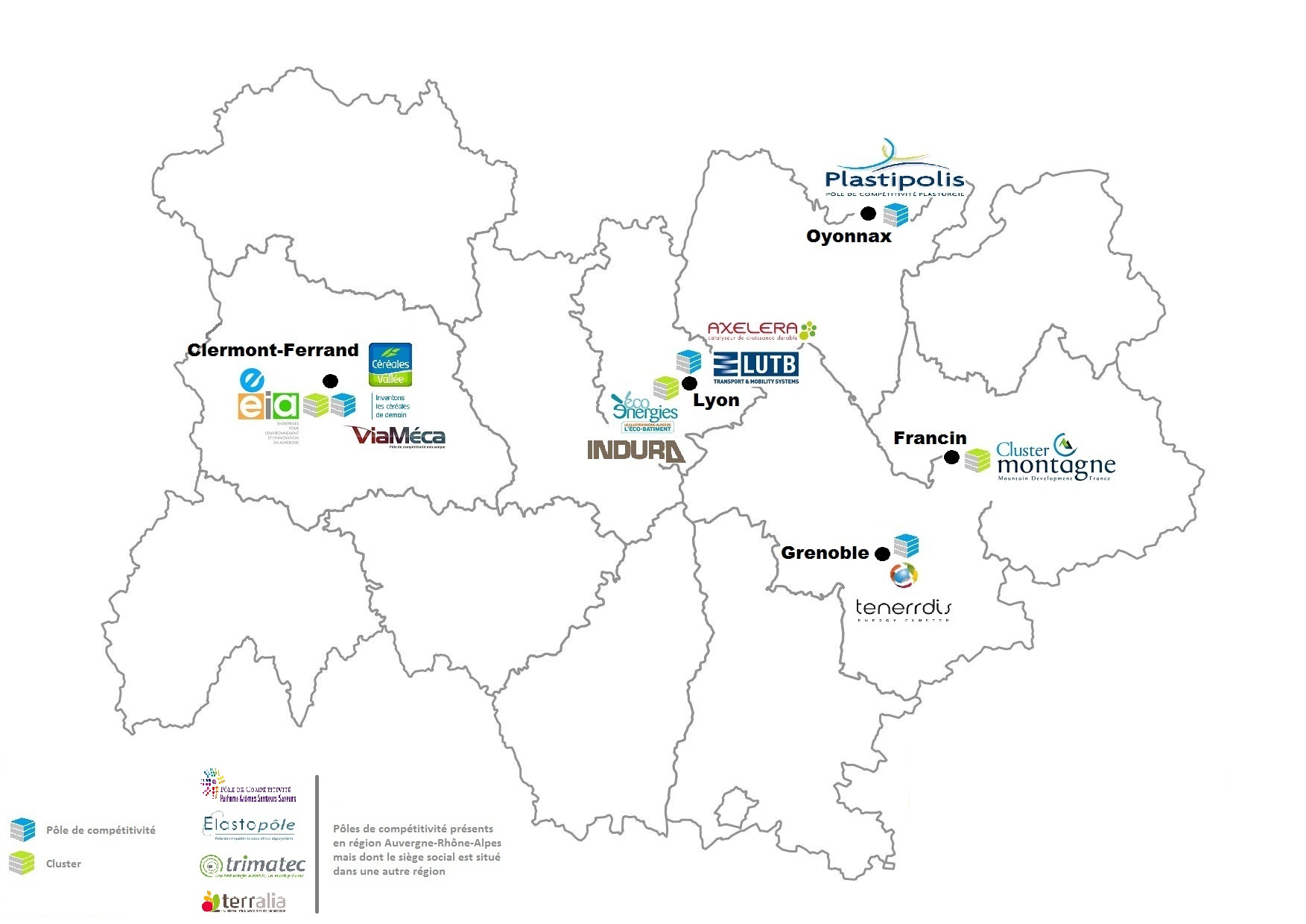 La carte des poles et clusters en Auvergne Rhône Alpes La carte des poles et clusters en Auvergne Rhône Alpes