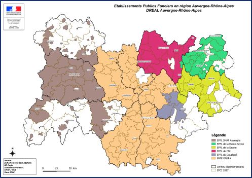 Carte des établissements publics fonciers en région Auvergne-Rhône-Alpes (mars 2018)