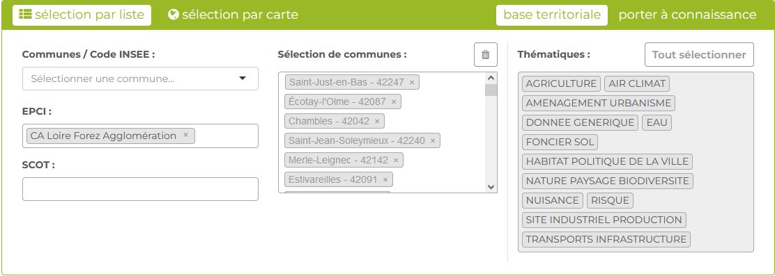 Base de données territoriale - Sélection des éléments de recherche