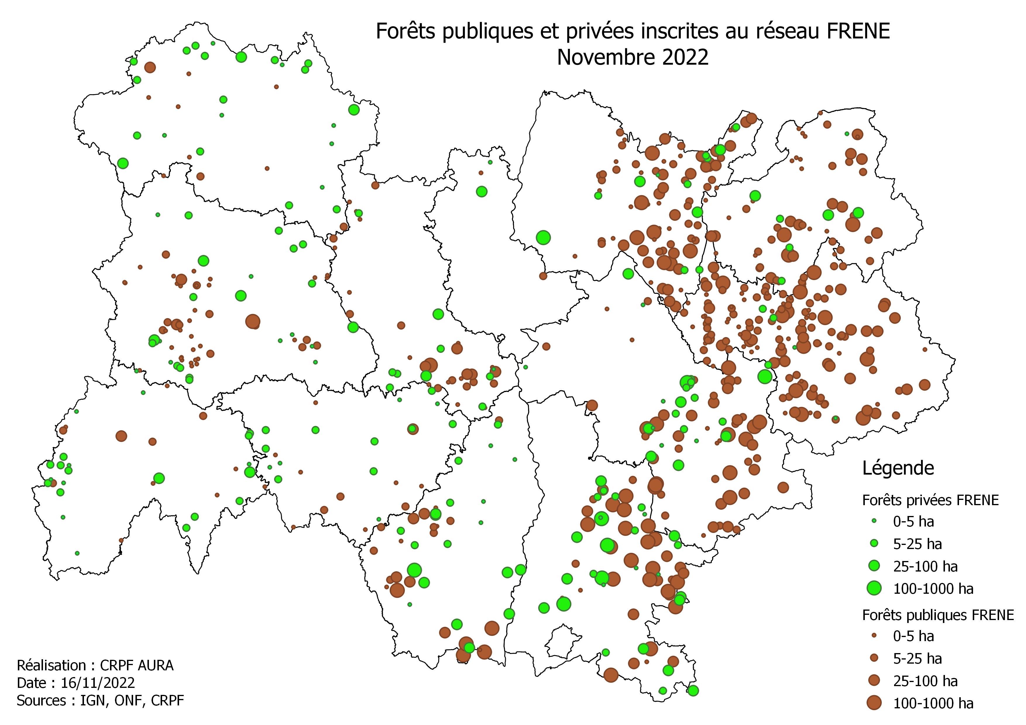 Représentation de la répartition des peuplements publics et privés du réseau FRENE d'Auvergne Rhône-Alpes