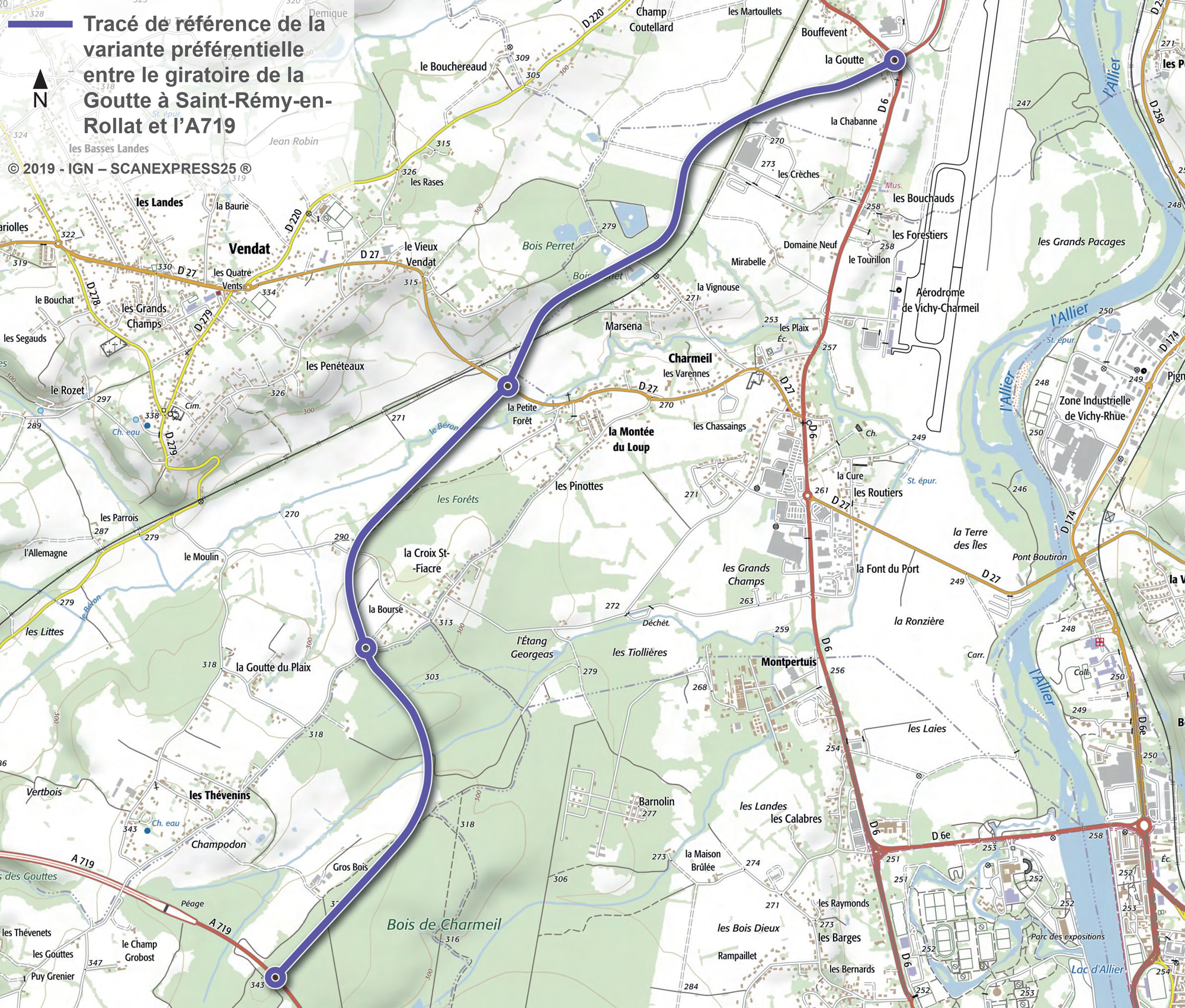 Tracé de référence de la variante préférentielle entre le giratoire de la Goutte à Saint-Rémy-en-Rollat et l'A719 Tracé de référence de la variante préférentielle entre le giratoire de la Goutte à Saint-Rémy-en-Rollat et l'A719