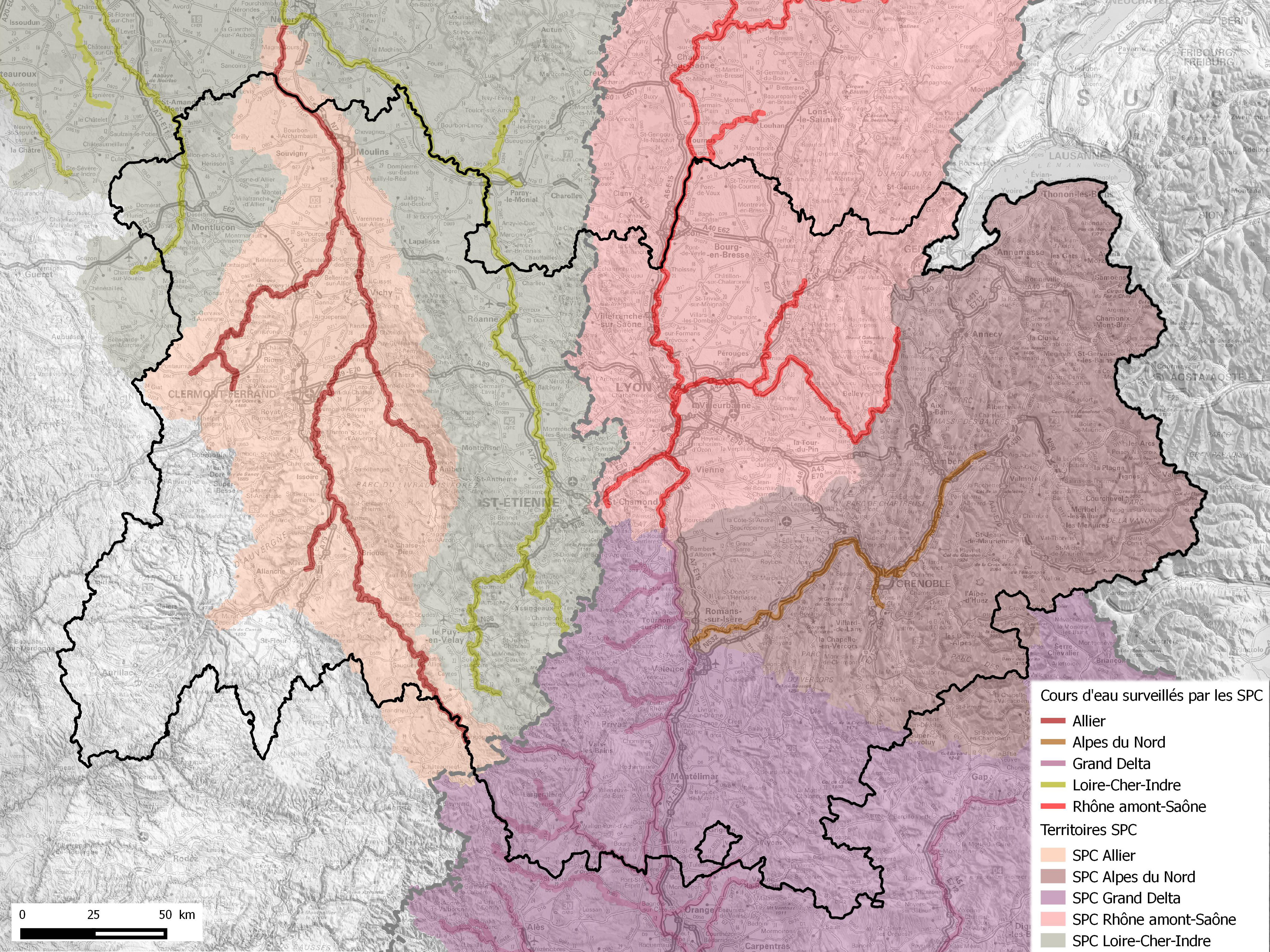 Tronçons de cours d'eau de la région suivis par un SPC