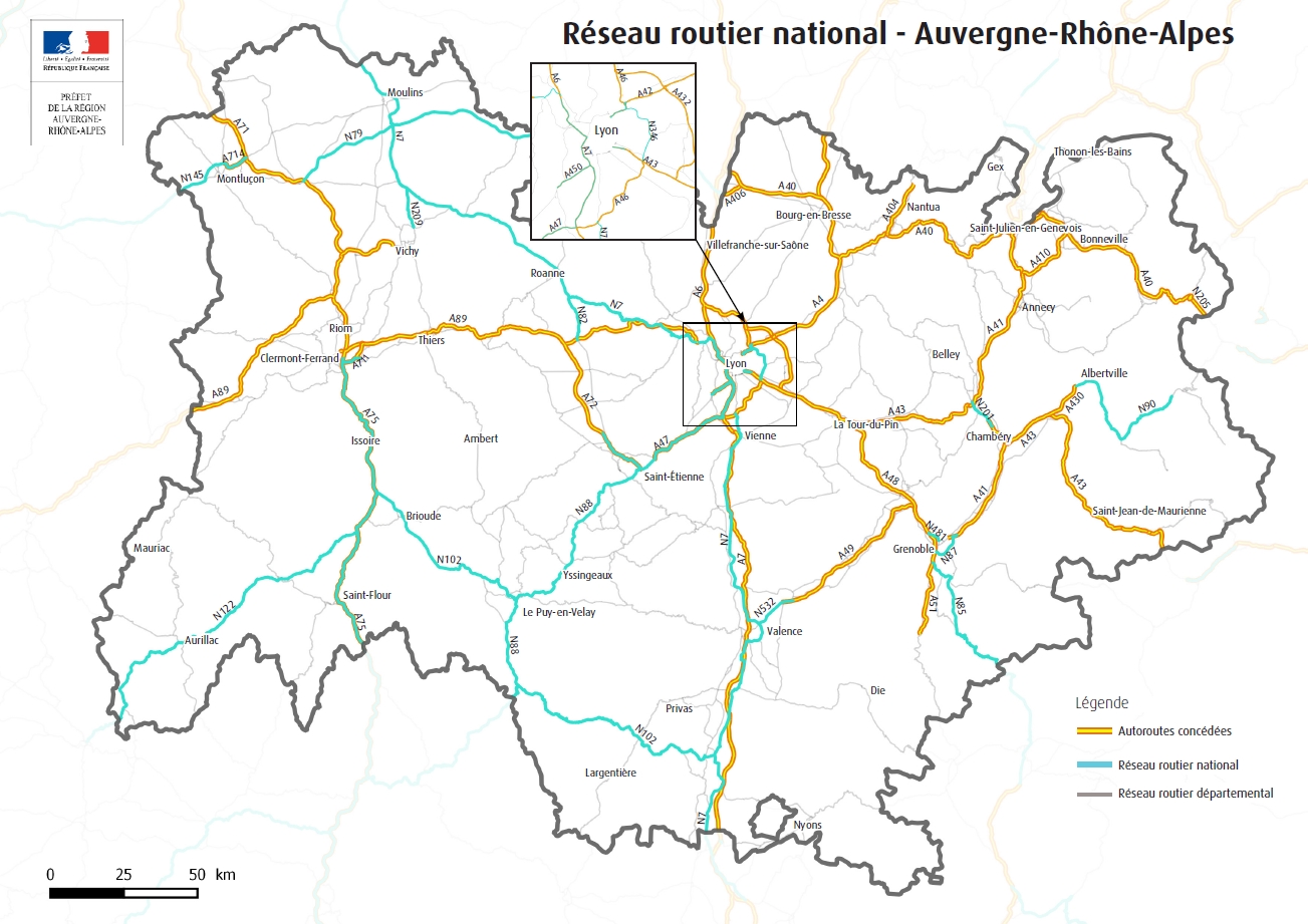 Carte régionale du réseau routier national