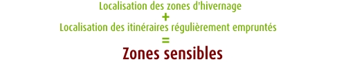 Localisation des zones d’hivernage x Localisation des itinéraires régulièrement empruntés = Zones sensibles