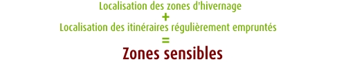 Localisation des zones d'hivernage x Localisation des itinéraires régulièrement empruntés = Zones sensibles