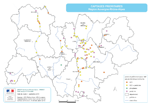 Carte des captages prioritaires en Auvergne-Rhône-Alpes