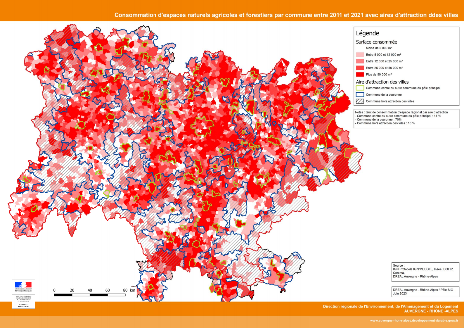 Carte de la consommation ENAF selon le zonage AAV