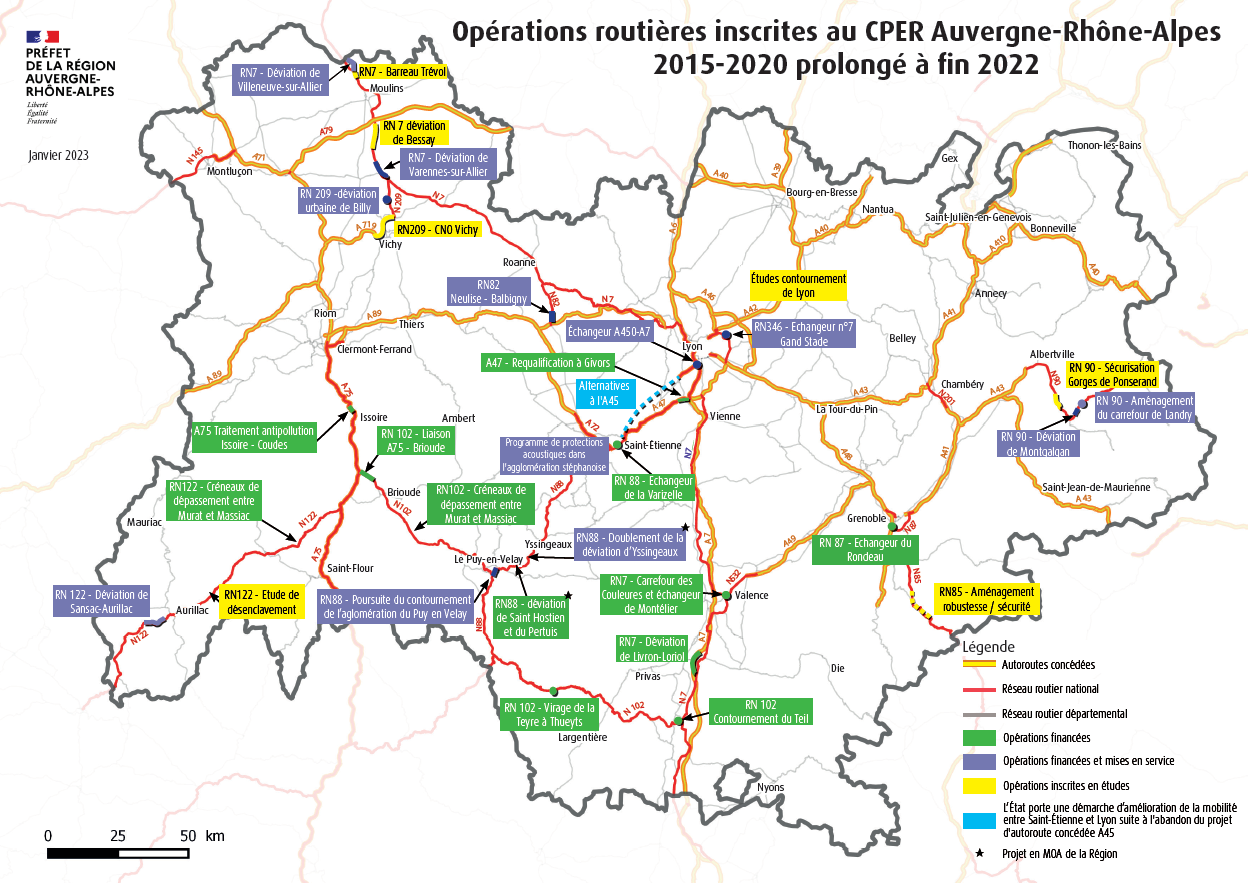 Carte des opérations routières inscrites au CPER Auvergne-Rhône-Alpes 2015-2020 prolongé à fin 2022