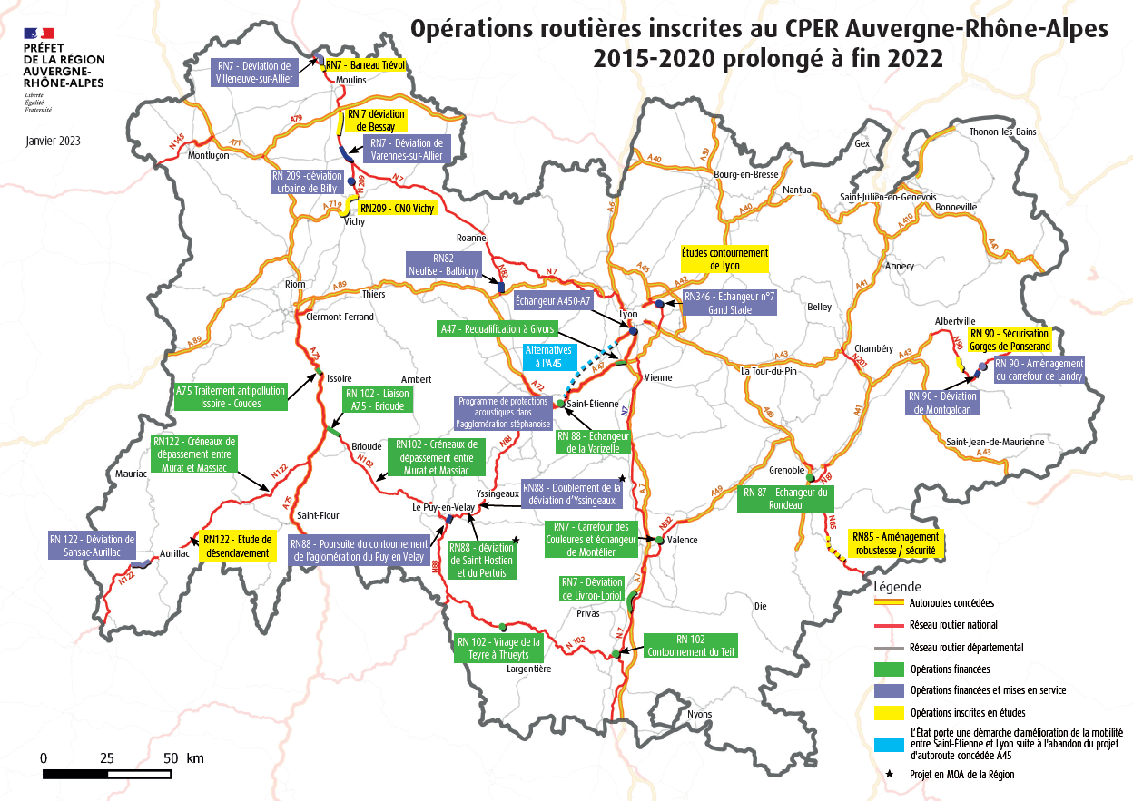 Carte des opérations routières inscrites au CPER Auvergne-Rhône-Alpes 2015-2020 prolongé à fin 2022 Carte des opérations routières inscrites au CPER Auvergne-Rhône-Alpes 2015-2020 prolongé à fin 2022