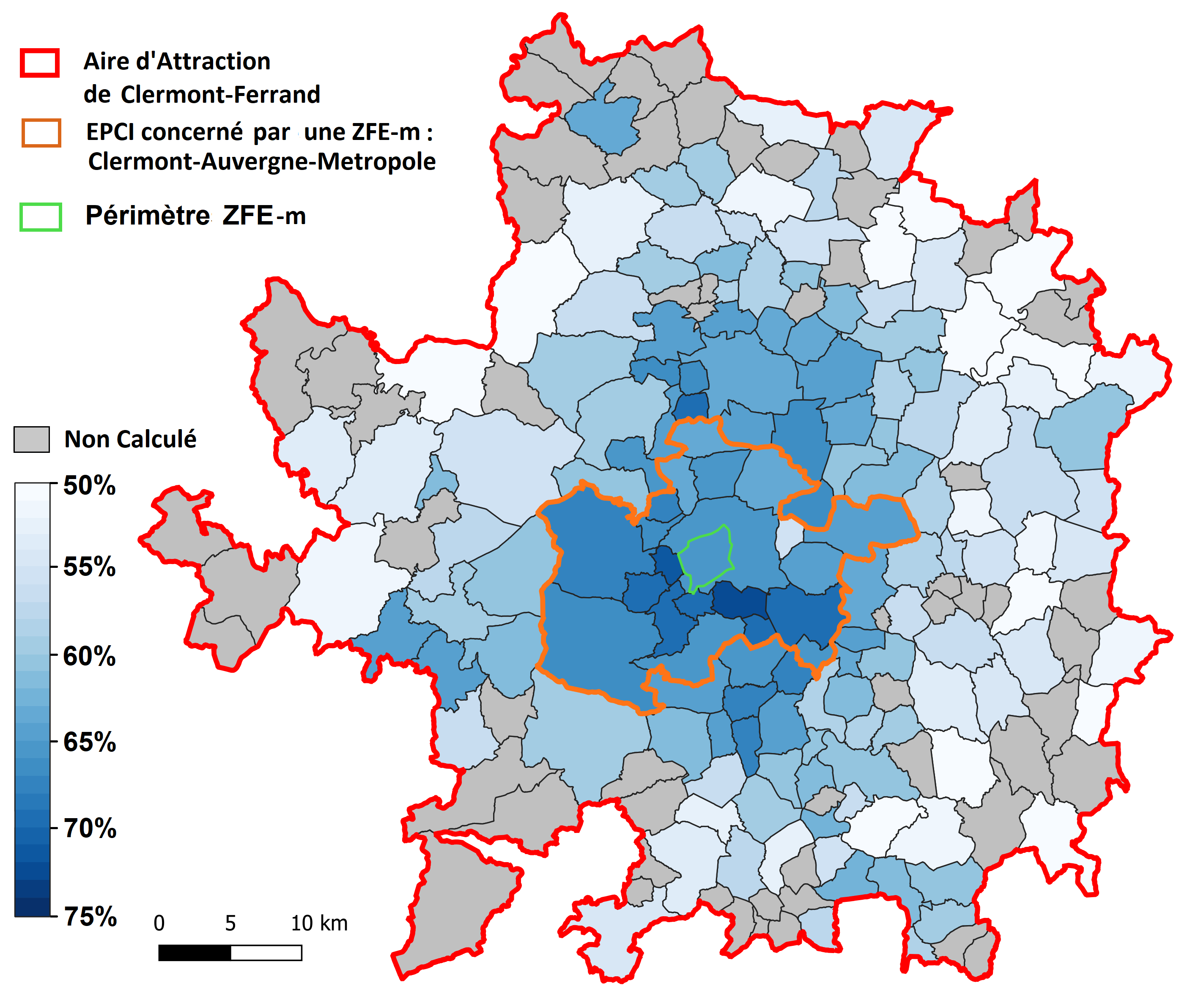 Part des véhicules (VP, VUL, PL et TCP) classés Crit'Air E, 1 ou 2 des communes de l'aire d'attraction de Clermont-ferrand Part des véhicules (VP, VUL, PL et TCP) classés Crit’Air E, 1 ou 2 des communes de l'aire d'attraction de Clermont-ferrand