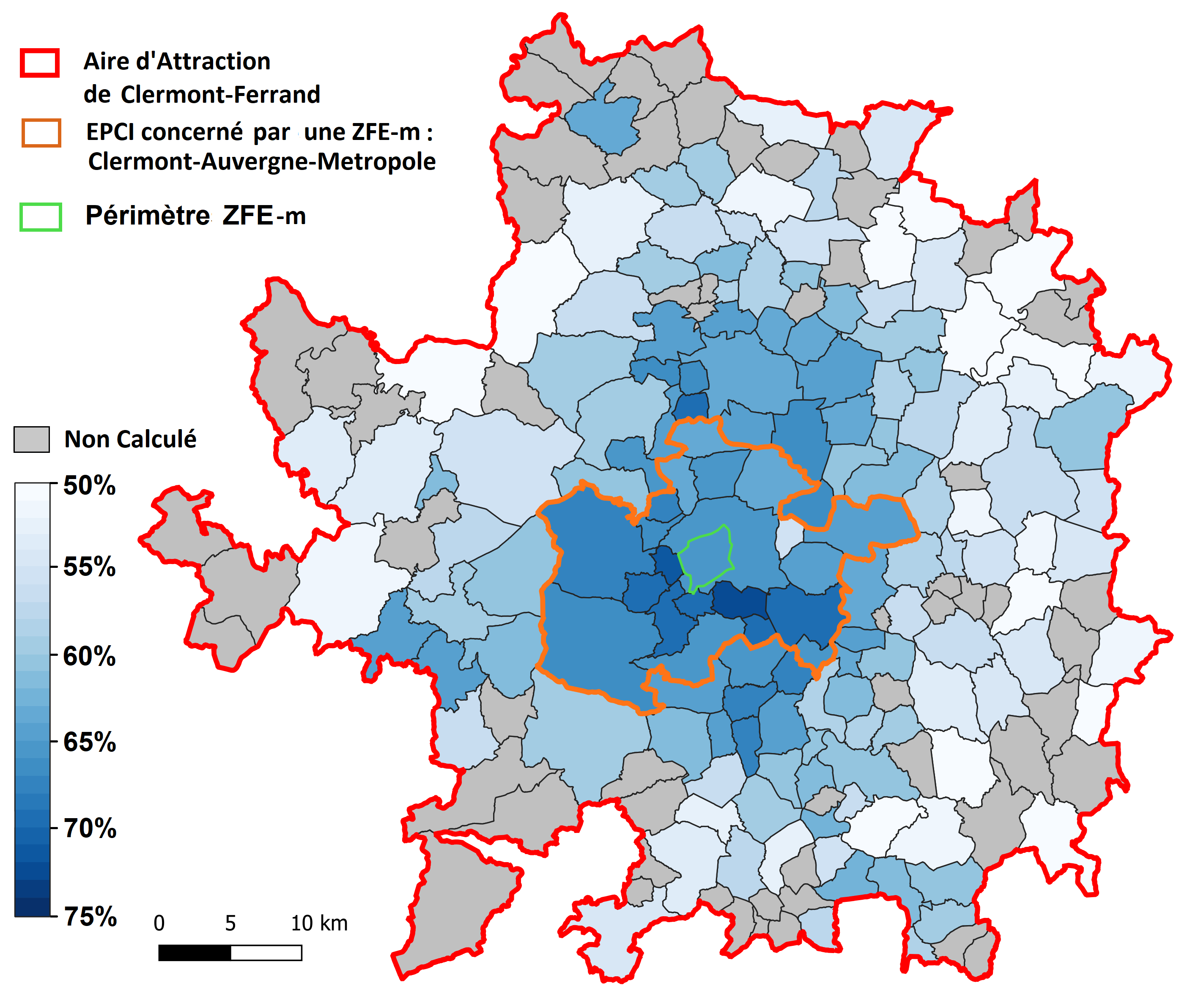 Part des véhicules (VP, VUL, PL et TCP) classés Crit'Air E, 1 ou 2 des communes de l'aire d'attraction de Clermont-ferrand