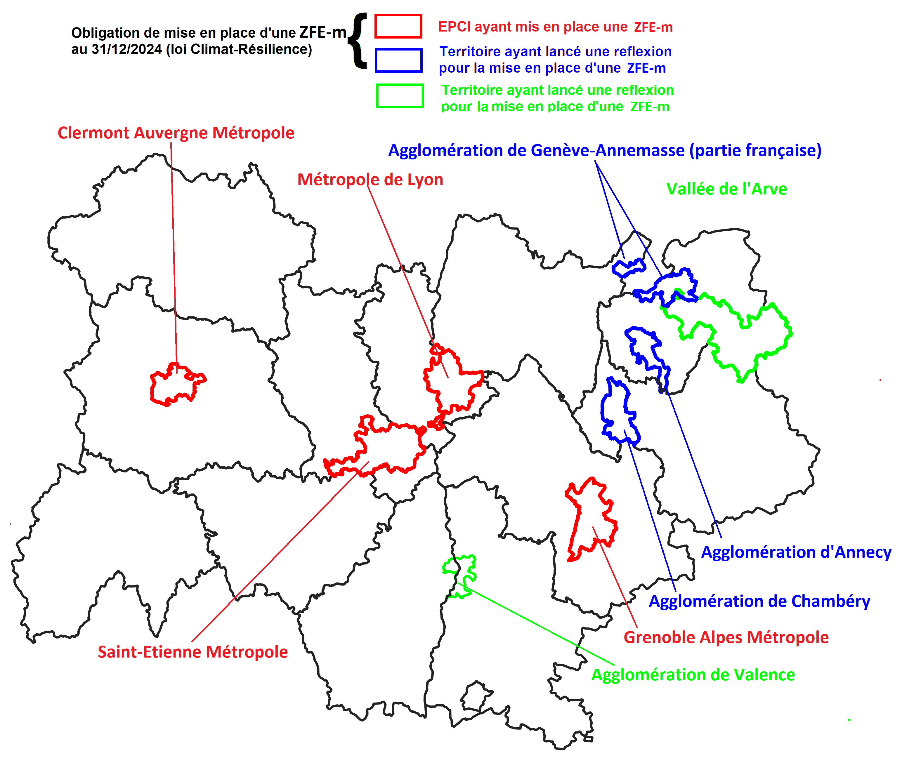 Localisation des territoires concernés par une ZFE en Auvergne-Rhône-Alpes au 1er aout 2023