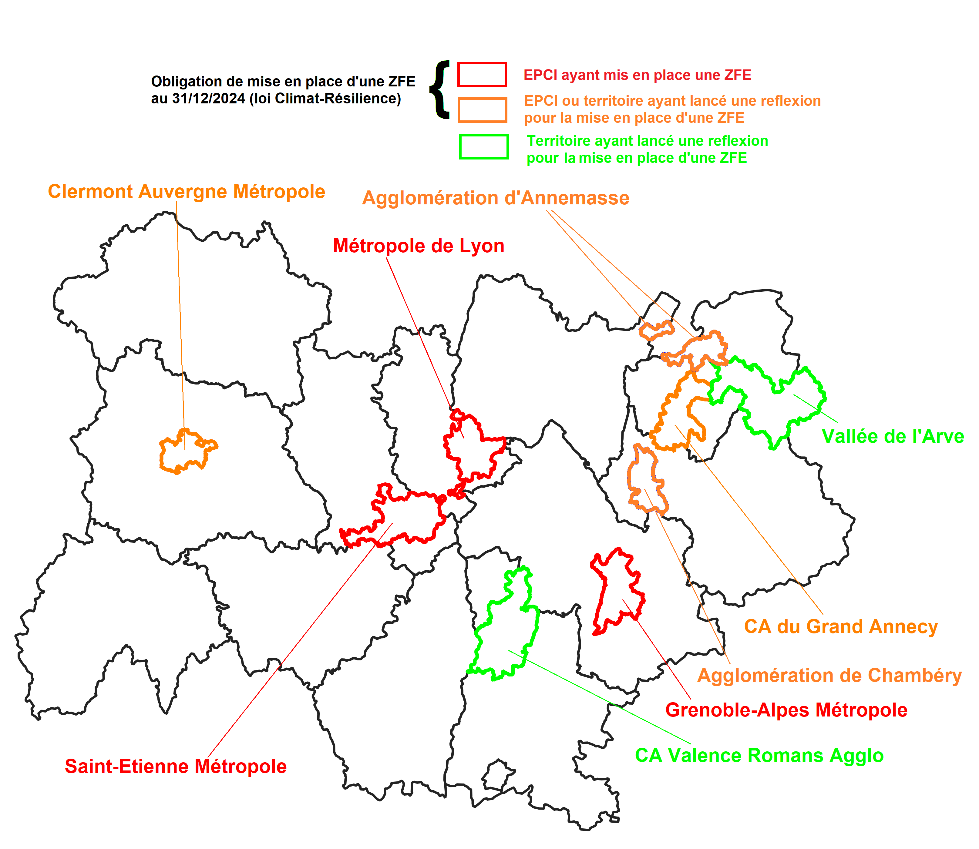 Localisation des territoires concernés par une ZFE en Auvergne-Rhône-Alpes au 1er octobre 2022 Localisation des territoires concernés par une ZFE en Auvergne-Rhône-Alpes au 1er octobre 2022