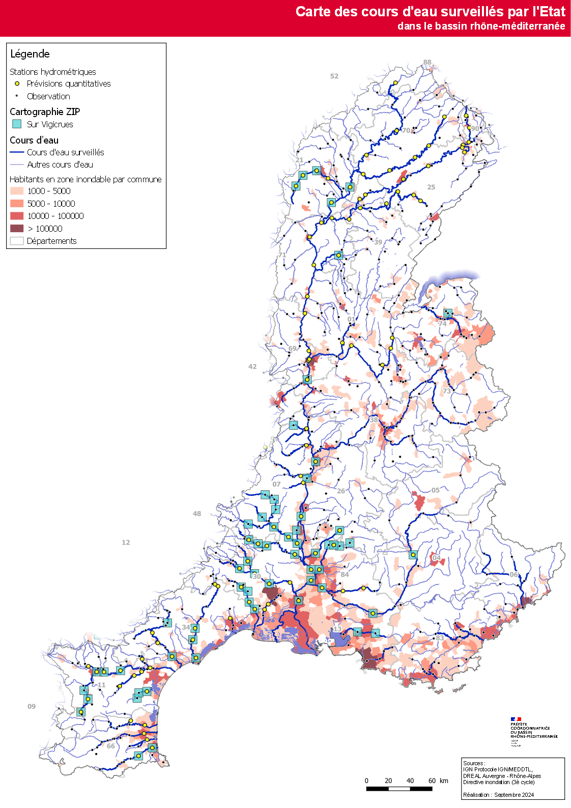 Carte des cours d'eau surveillés par l'Etat