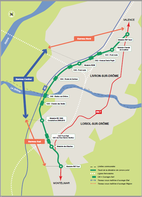 Tracé de la déviation de la RN7 à Livron et Loriol